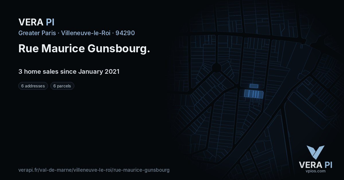 Rue Maurice Gunsbourg, Villeneuve-le-Roi at night – every parcel coloured by the prices around it, the street's own parcels lit