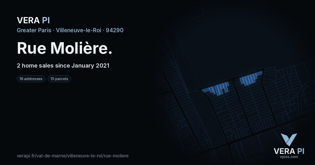 Rue Molière, Villeneuve-le-Roi at night – every parcel coloured by the prices around it, the street's own parcels lit