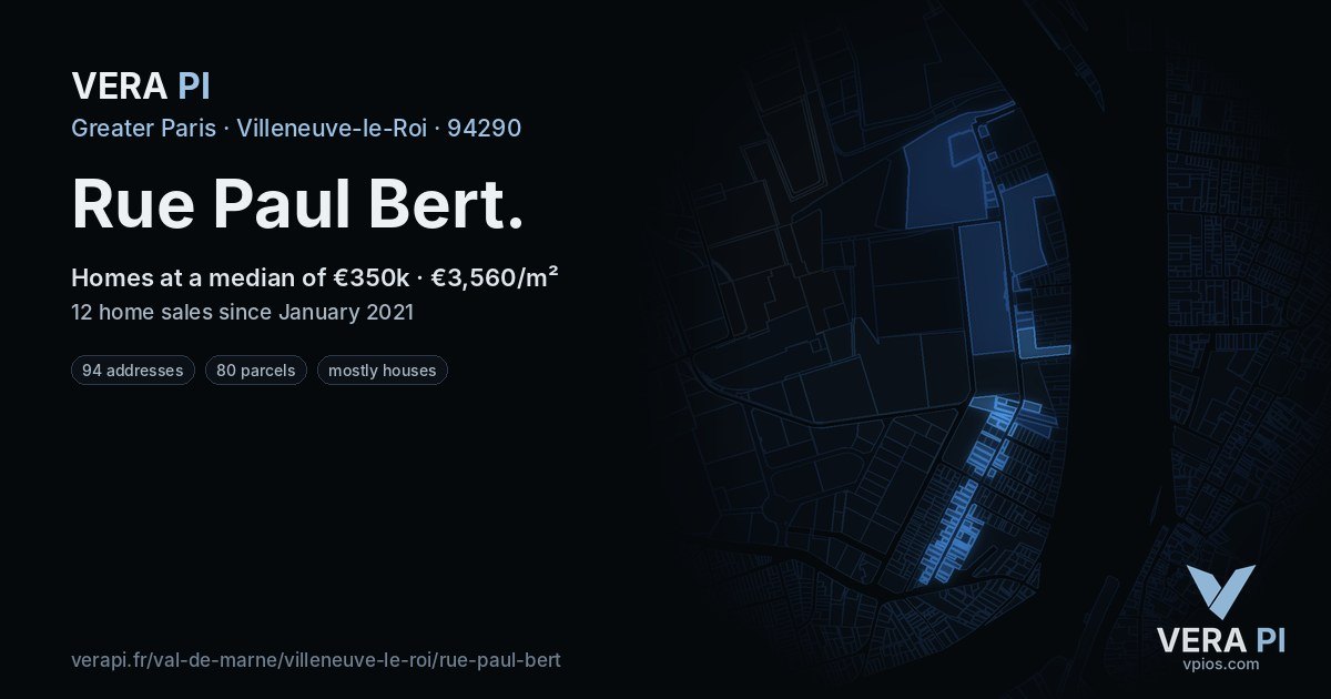 Rue Paul Bert, Villeneuve-le-Roi at night – every parcel coloured by the prices around it, the street's own parcels lit