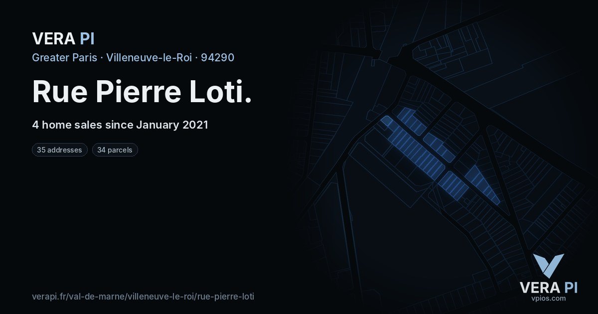 Rue Pierre Loti, Villeneuve-le-Roi at night – every parcel coloured by the prices around it, the street's own parcels lit