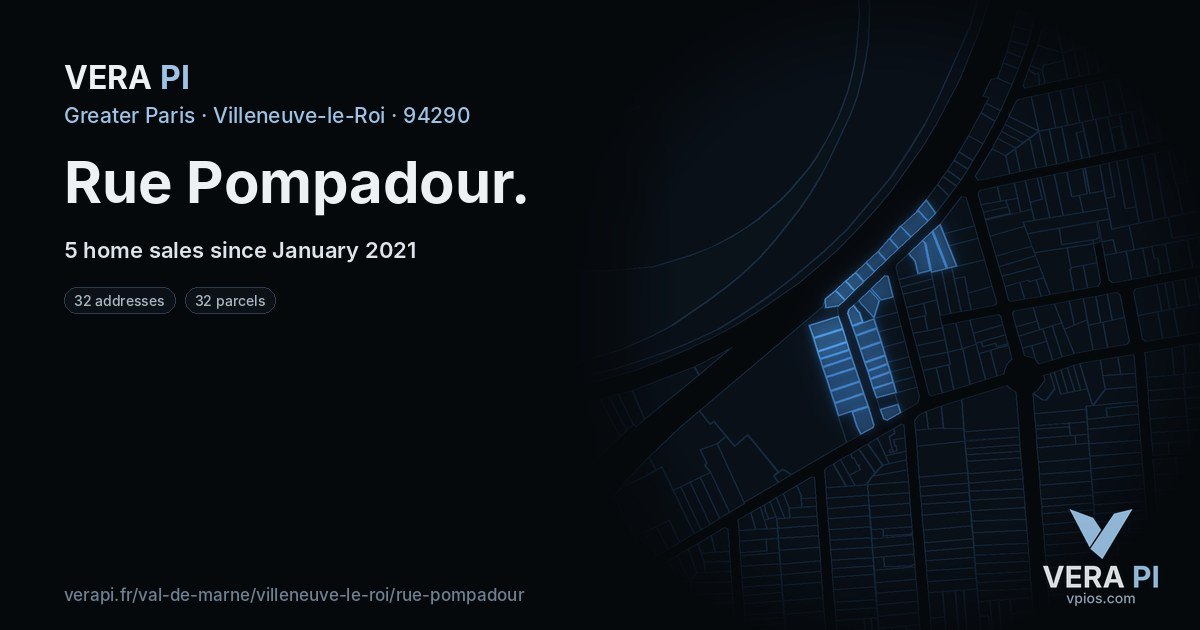 Rue Pompadour, Villeneuve-le-Roi at night – every parcel coloured by the prices around it, the street's own parcels lit