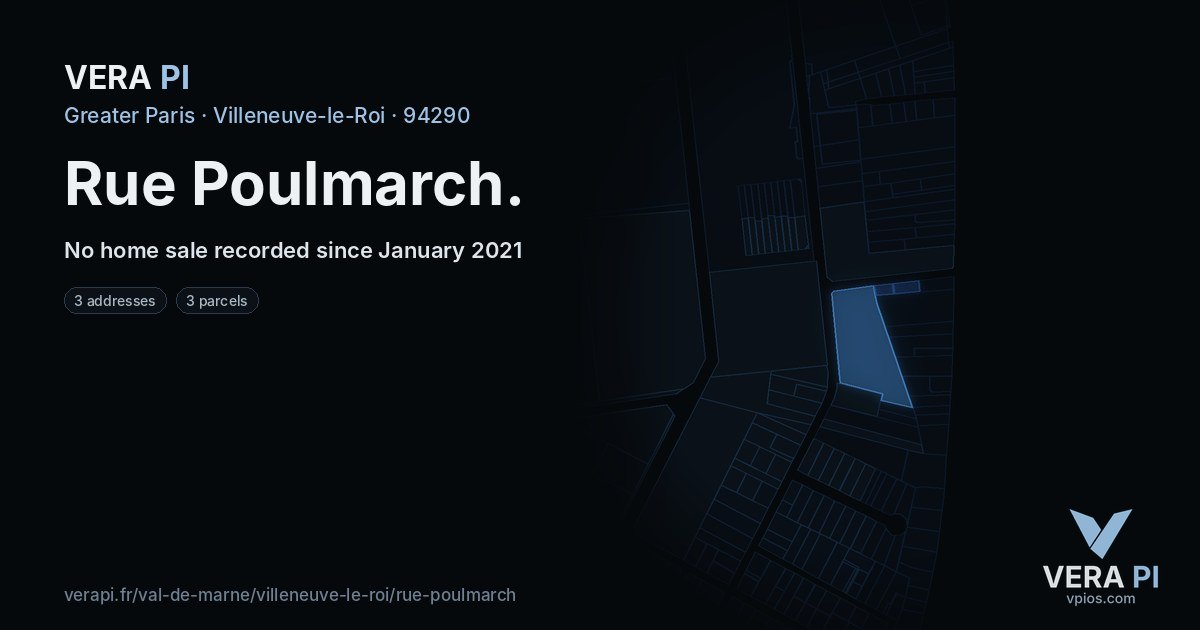Rue Poulmarch, Villeneuve-le-Roi at night – every parcel coloured by the prices around it, the street's own parcels lit