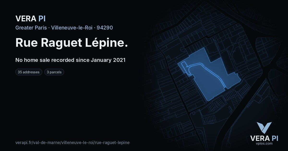 Rue Raguet Lépine, Villeneuve-le-Roi at night – every parcel coloured by the prices around it, the street's own parcels lit