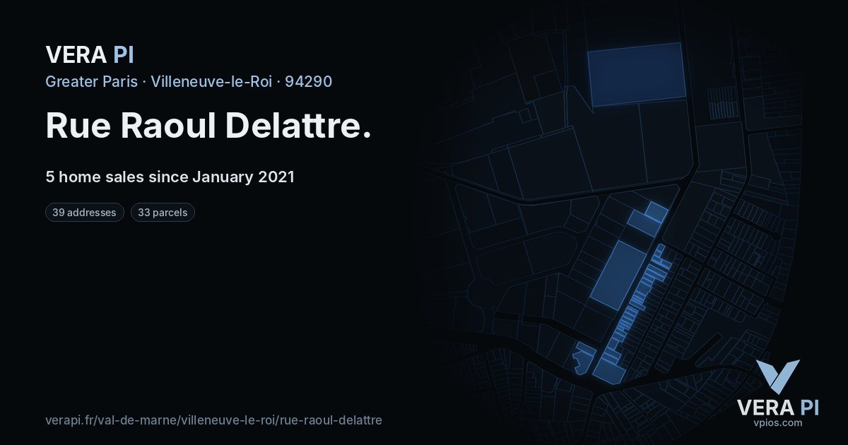 Rue Raoul Delattre, Villeneuve-le-Roi at night – every parcel coloured by the prices around it, the street's own parcels lit