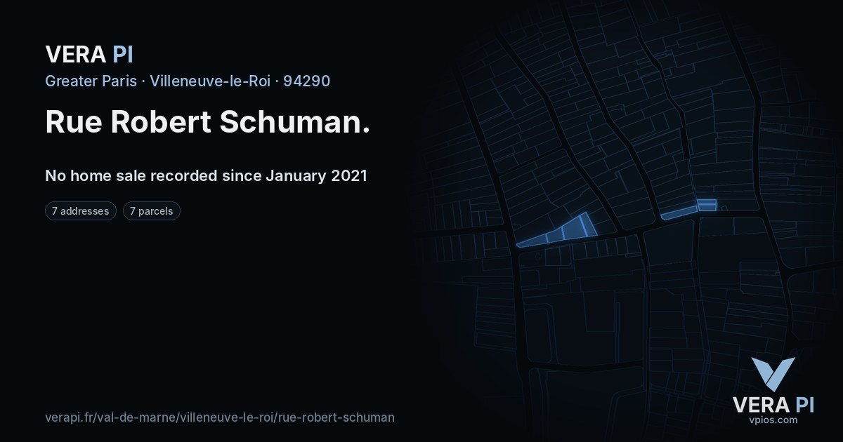Rue Robert Schuman, Villeneuve-le-Roi at night – every parcel coloured by the prices around it, the street's own parcels lit