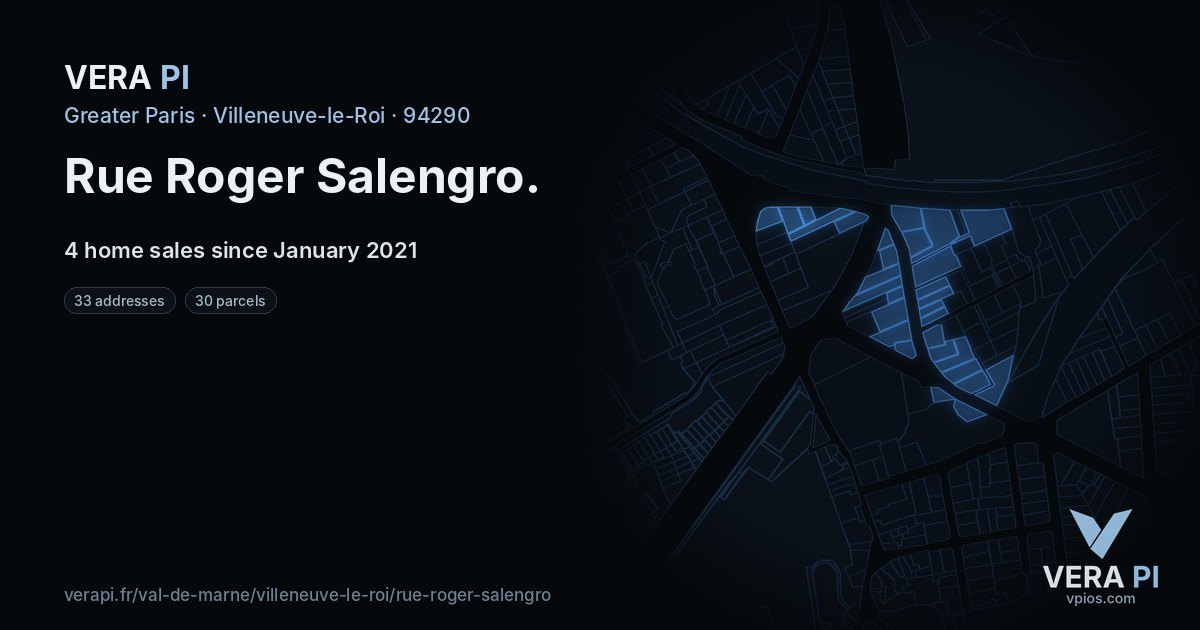 Rue Roger Salengro, Villeneuve-le-Roi at night – every parcel coloured by the prices around it, the street's own parcels lit