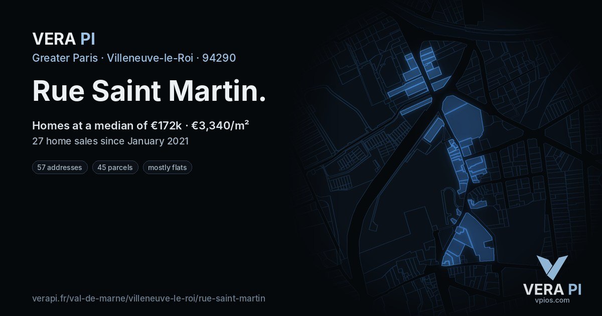 Rue Saint Martin, Villeneuve-le-Roi at night – every parcel coloured by the prices around it, the street's own parcels lit