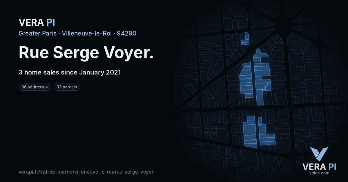 Rue Serge Voyer, Villeneuve-le-Roi at night – every parcel coloured by the prices around it, the street's own parcels lit