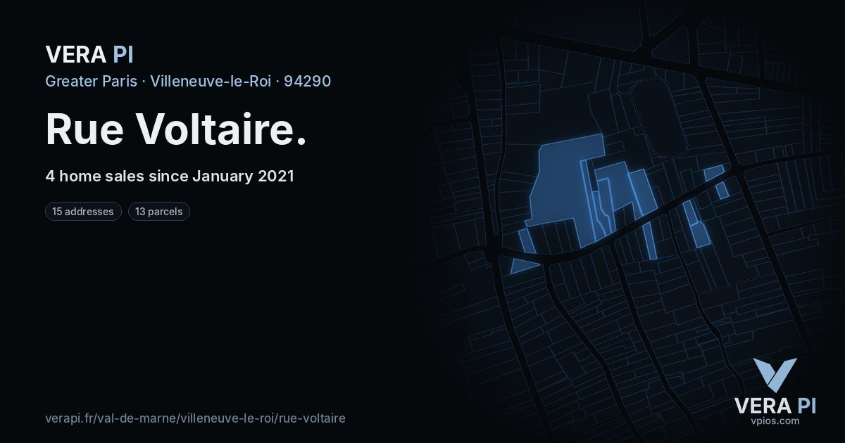 Rue Voltaire, Villeneuve-le-Roi at night – every parcel coloured by the prices around it, the street's own parcels lit