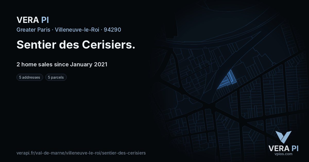 Sentier des Cerisiers, Villeneuve-le-Roi at night – every parcel coloured by the prices around it, the street's own parcels lit