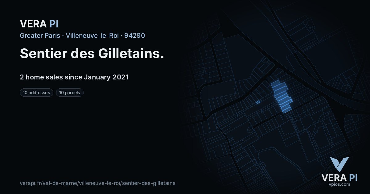 Sentier des Gilletains, Villeneuve-le-Roi at night – every parcel coloured by the prices around it, the street's own parcels lit