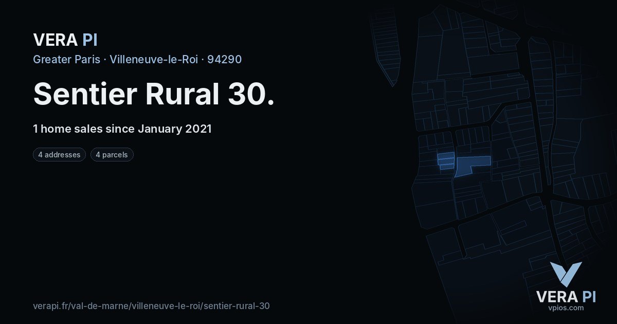Sentier Rural 30, Villeneuve-le-Roi at night – every parcel coloured by the prices around it, the street's own parcels lit