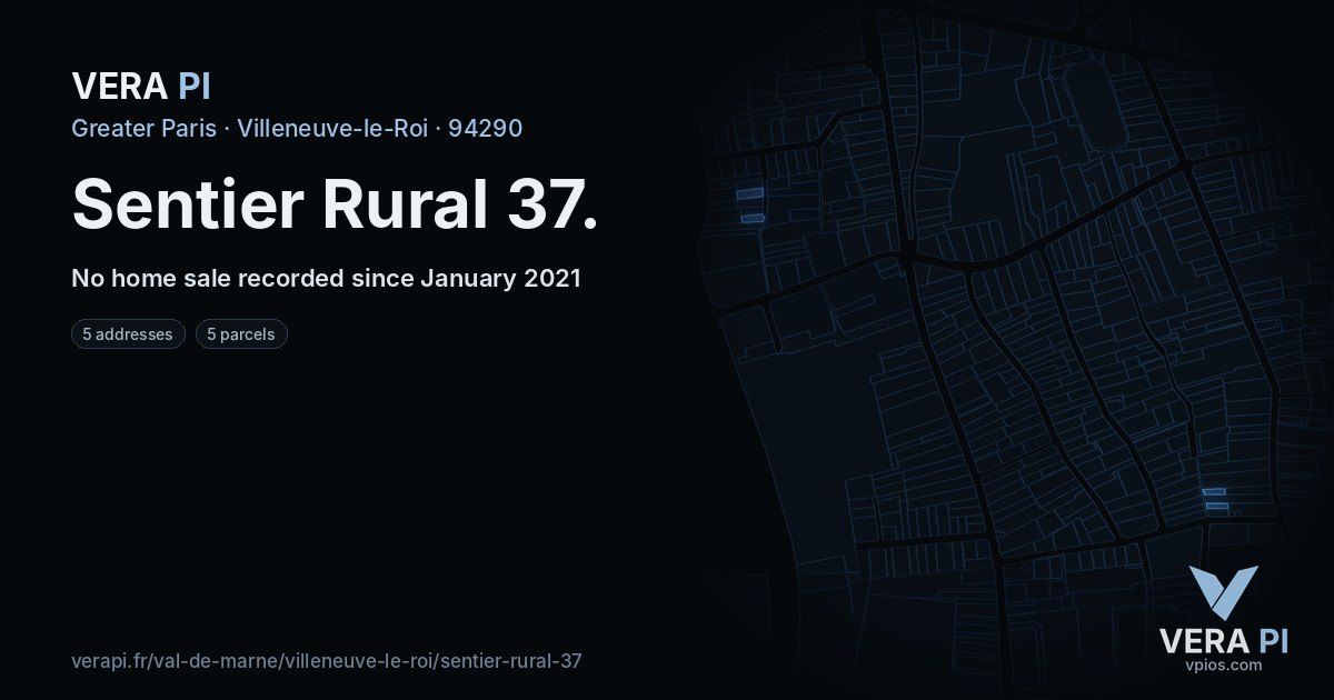 Sentier Rural 37, Villeneuve-le-Roi at night – every parcel coloured by the prices around it, the street's own parcels lit