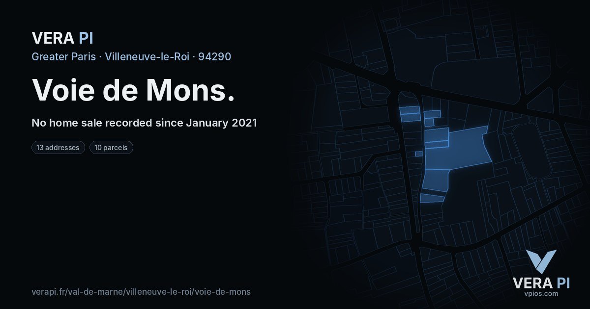 Voie de Mons, Villeneuve-le-Roi at night – every parcel coloured by the prices around it, the street's own parcels lit