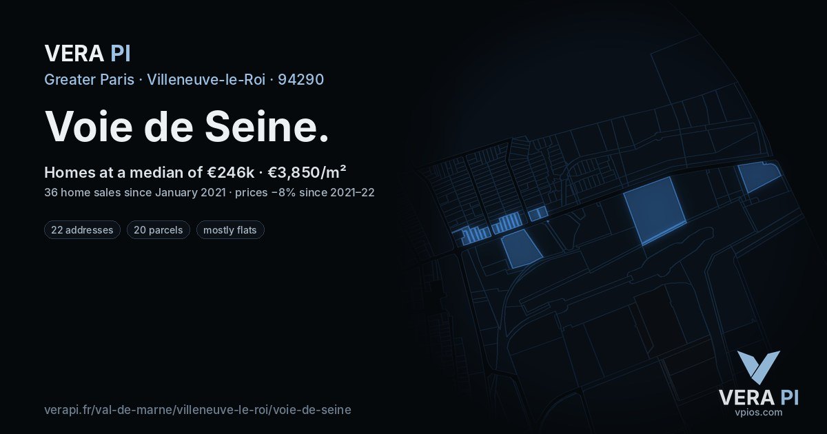 Voie de Seine, Villeneuve-le-Roi at night – every parcel coloured by the prices around it, the street's own parcels lit