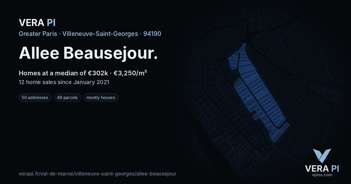Allee Beausejour, Villeneuve-Saint-Georges at night – every parcel coloured by the prices around it, the street's own parcels lit