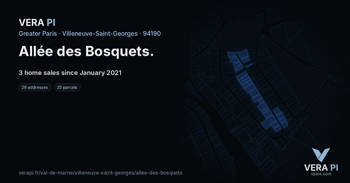 Allée des Bosquets, Villeneuve-Saint-Georges at night – every parcel coloured by the prices around it, the street's own parcels lit