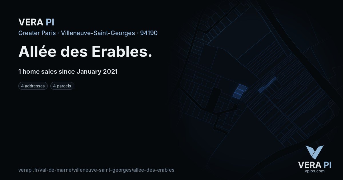 Allée des Erables, Villeneuve-Saint-Georges at night – every parcel coloured by the prices around it, the street's own parcels lit