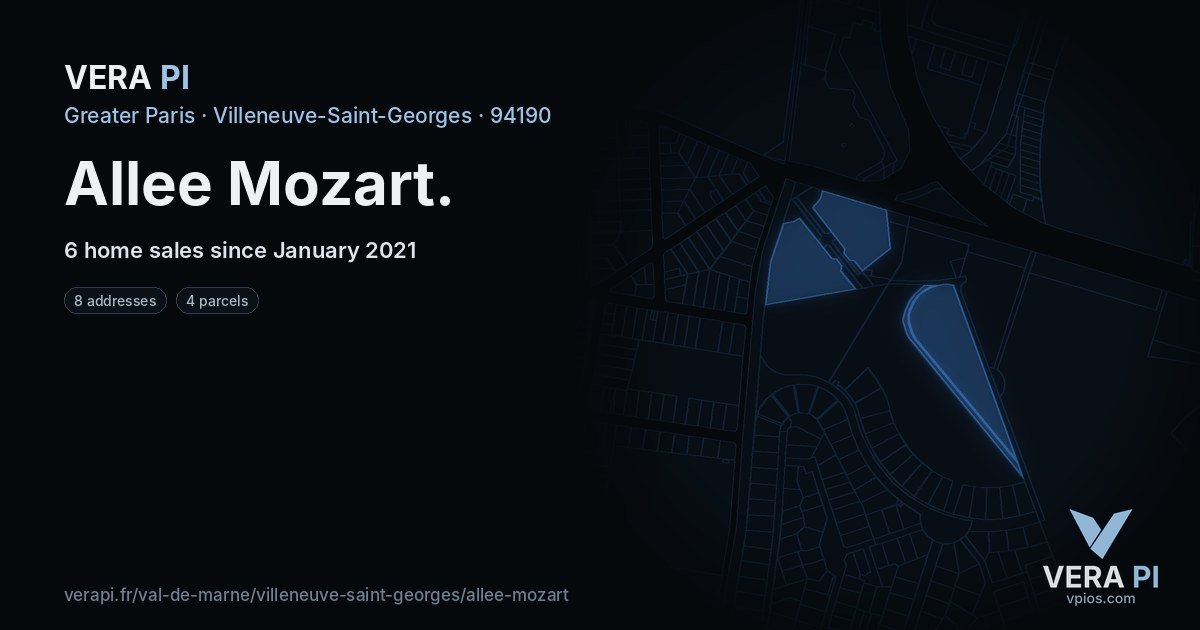 Allee Mozart, Villeneuve-Saint-Georges at night – every parcel coloured by the prices around it, the street's own parcels lit