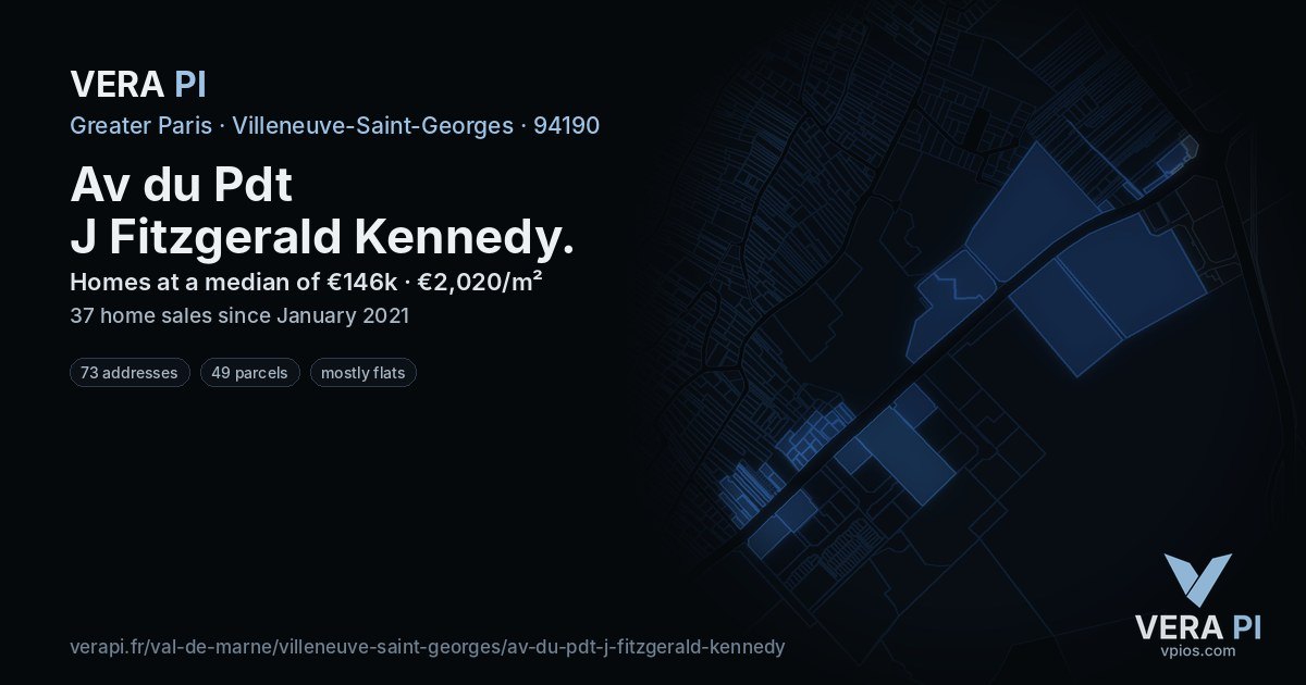 Av du Pdt J Fitzgerald Kennedy, Villeneuve-Saint-Georges at night – every parcel coloured by the prices around it, the street's own parcels lit