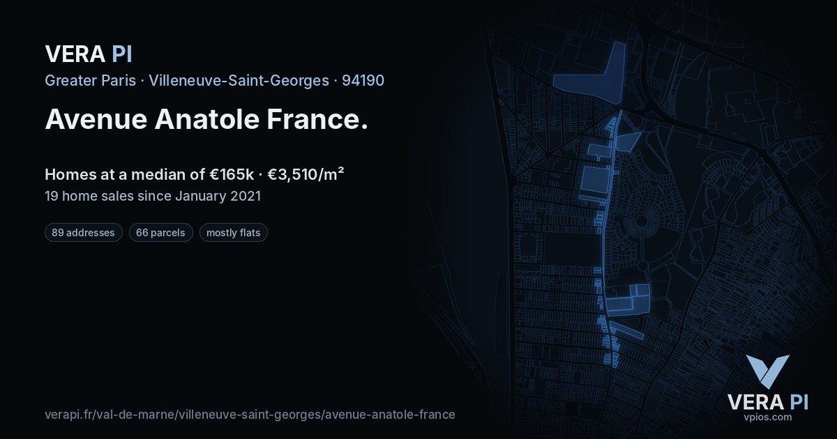 Avenue Anatole France, Villeneuve-Saint-Georges at night – every parcel coloured by the prices around it, the street's own parcels lit