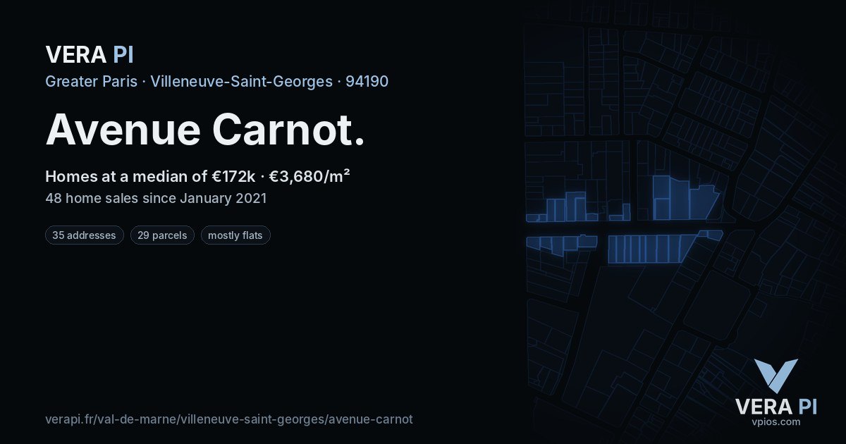 Avenue Carnot, Villeneuve-Saint-Georges at night – every parcel coloured by the prices around it, the street's own parcels lit