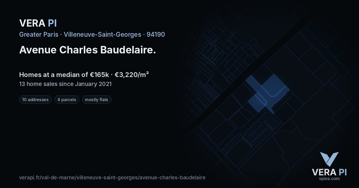 Avenue Charles Baudelaire, Villeneuve-Saint-Georges at night – every parcel coloured by the prices around it, the street's own parcels lit