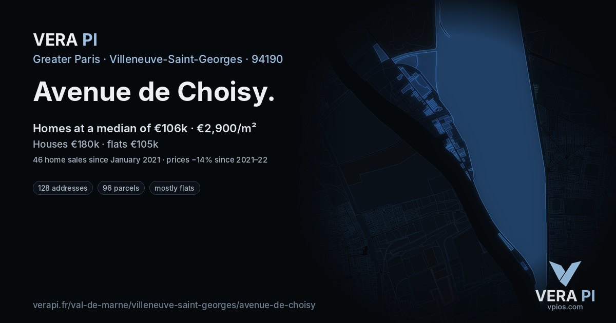 Avenue de Choisy, Villeneuve-Saint-Georges at night – every parcel coloured by the prices around it, the street's own parcels lit