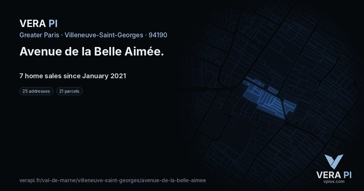 Avenue de la Belle Aimée, Villeneuve-Saint-Georges at night – every parcel coloured by the prices around it, the street's own parcels lit