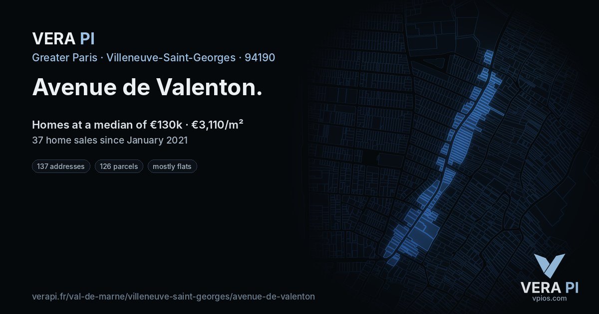 Avenue de Valenton, Villeneuve-Saint-Georges at night – every parcel coloured by the prices around it, the street's own parcels lit