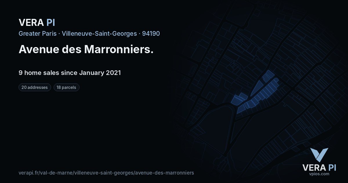 Avenue des Marronniers, Villeneuve-Saint-Georges at night – every parcel coloured by the prices around it, the street's own parcels lit