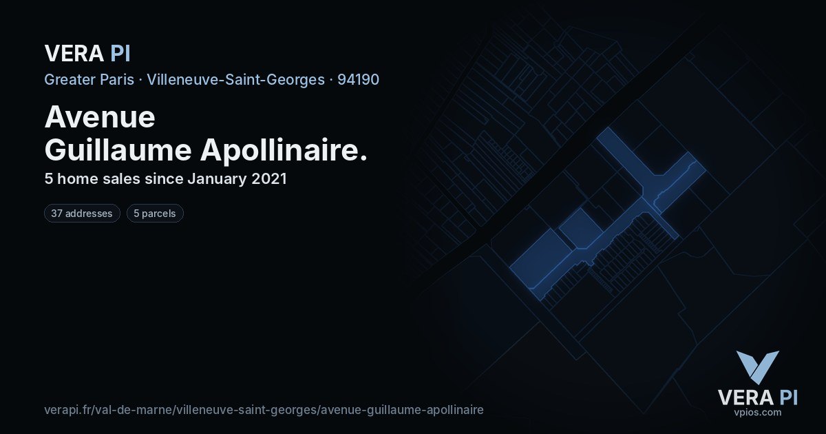Avenue Guillaume Apollinaire, Villeneuve-Saint-Georges at night – every parcel coloured by the prices around it, the street's own parcels lit