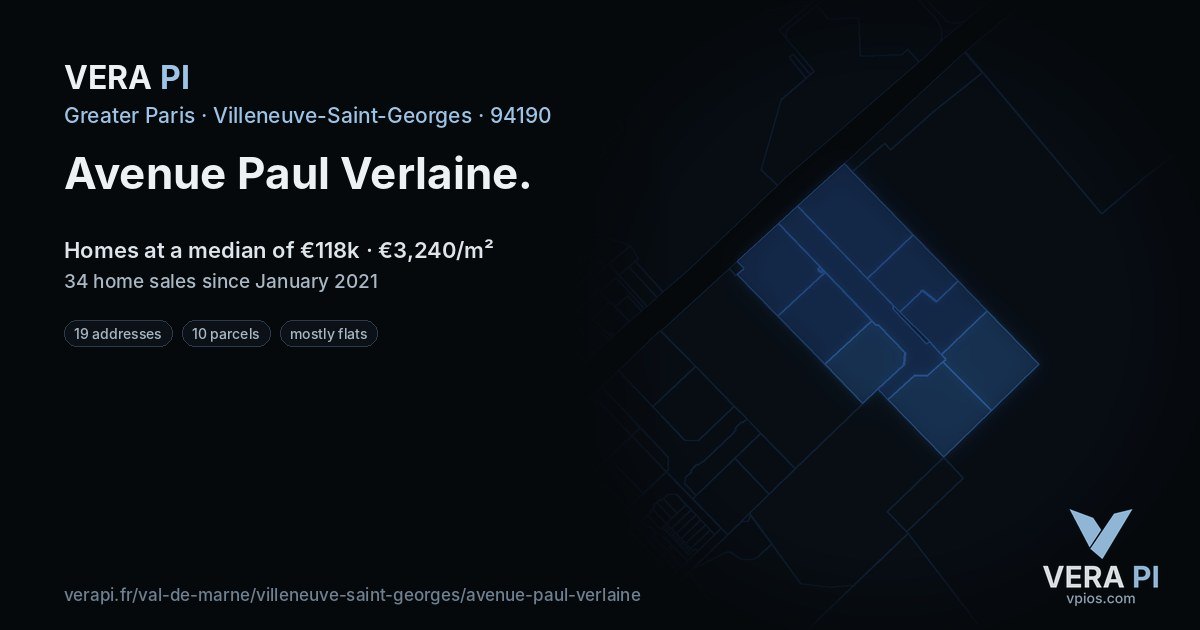 Avenue Paul Verlaine, Villeneuve-Saint-Georges at night – every parcel coloured by the prices around it, the street's own parcels lit