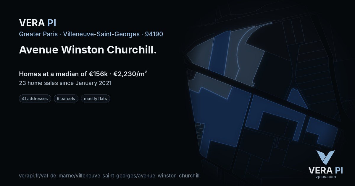 Avenue Winston Churchill, Villeneuve-Saint-Georges at night – every parcel coloured by the prices around it, the street's own parcels lit