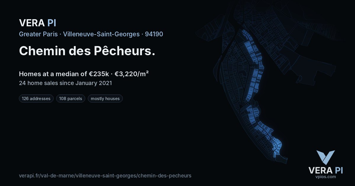 Chemin des Pêcheurs, Villeneuve-Saint-Georges at night – every parcel coloured by the prices around it, the street's own parcels lit