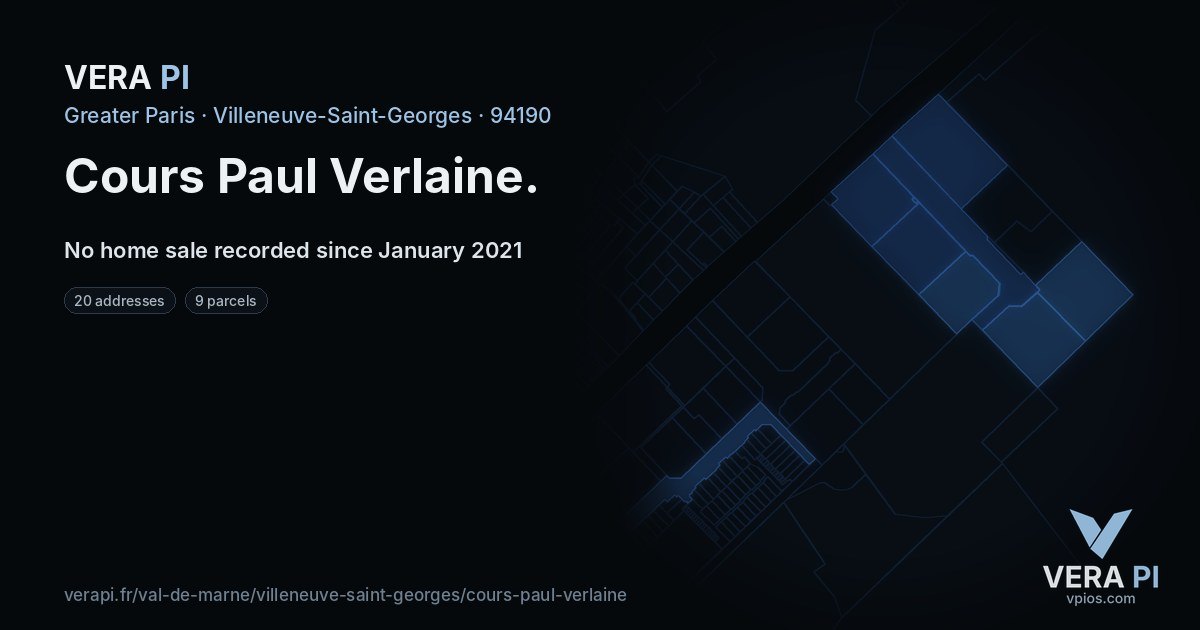 Cours Paul Verlaine, Villeneuve-Saint-Georges at night – every parcel coloured by the prices around it, the street's own parcels lit