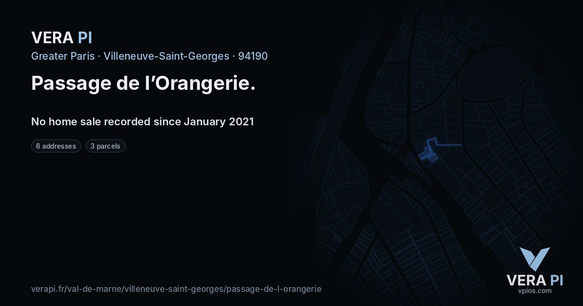 Passage de l’Orangerie, Villeneuve-Saint-Georges at night – every parcel coloured by the prices around it, the street's own parcels lit
