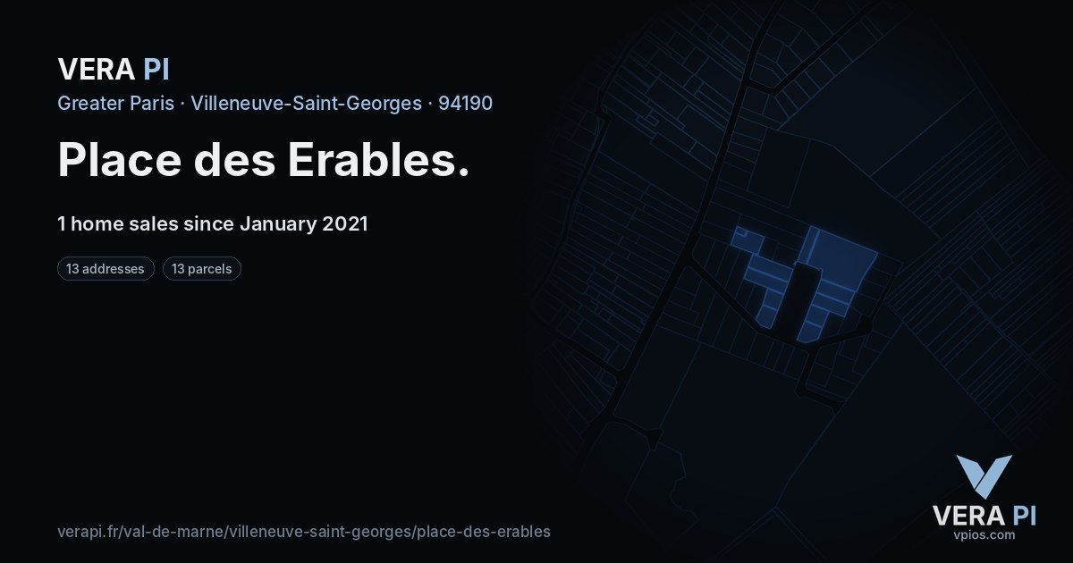 Place des Erables, Villeneuve-Saint-Georges at night – every parcel coloured by the prices around it, the street's own parcels lit