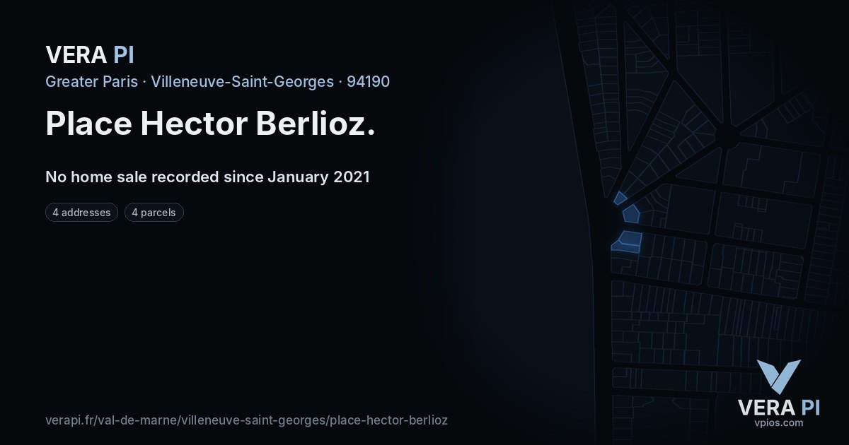 Place Hector Berlioz, Villeneuve-Saint-Georges at night – every parcel coloured by the prices around it, the street's own parcels lit
