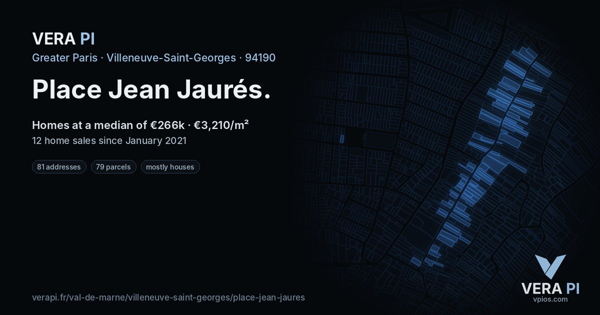Place Jean Jaurés, Villeneuve-Saint-Georges at night – every parcel coloured by the prices around it, the street's own parcels lit