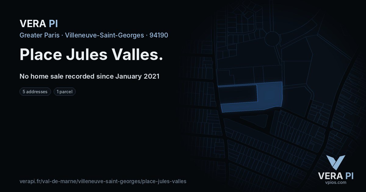 Place Jules Valles, Villeneuve-Saint-Georges at night – every parcel coloured by the prices around it, the street's own parcels lit