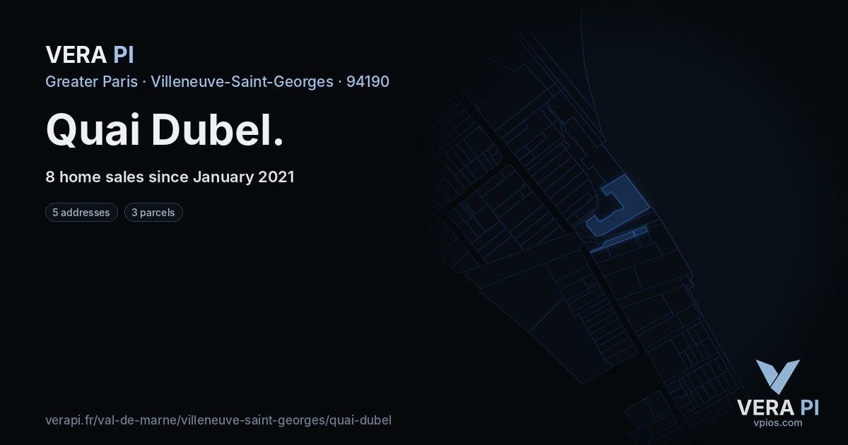Quai Dubel, Villeneuve-Saint-Georges at night – every parcel coloured by the prices around it, the street's own parcels lit