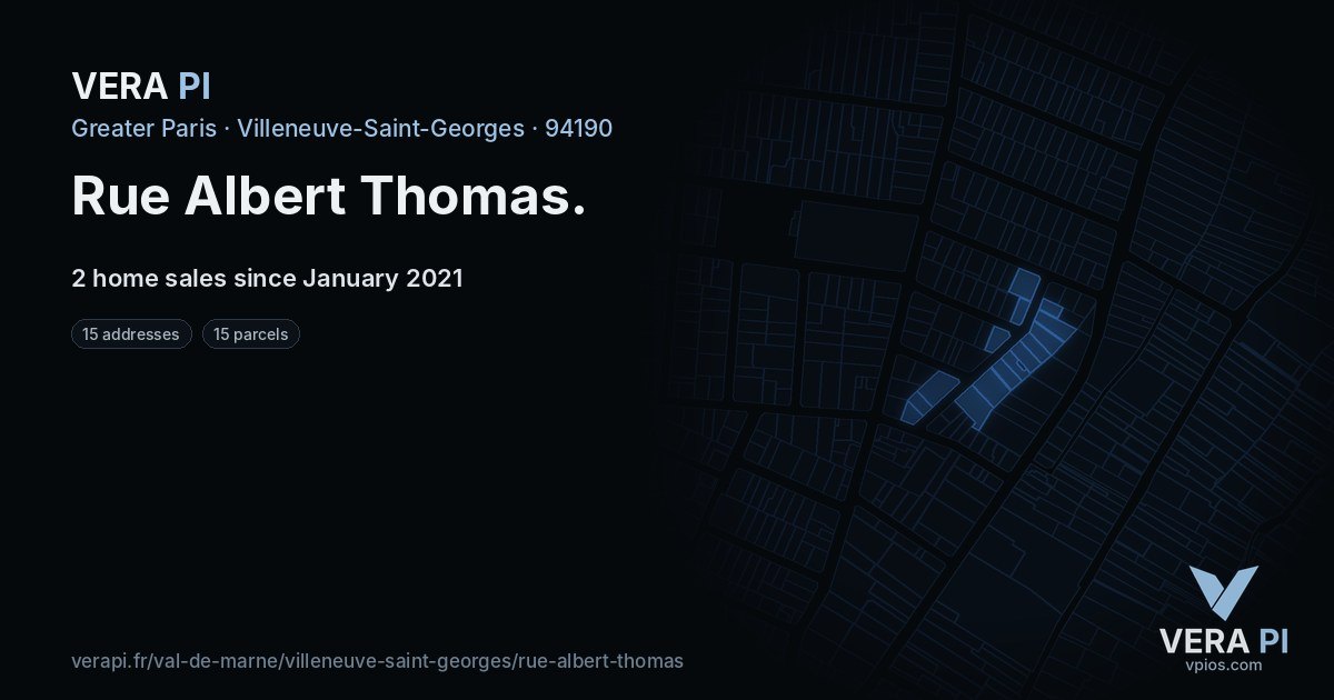 Rue Albert Thomas, Villeneuve-Saint-Georges at night – every parcel coloured by the prices around it, the street's own parcels lit