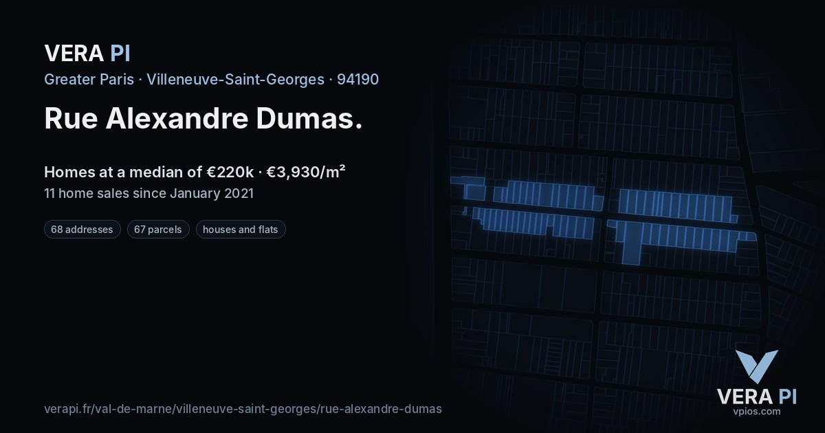 Rue Alexandre Dumas, Villeneuve-Saint-Georges at night – every parcel coloured by the prices around it, the street's own parcels lit