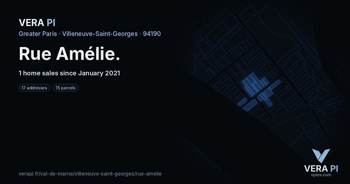 Rue Amélie, Villeneuve-Saint-Georges at night – every parcel coloured by the prices around it, the street's own parcels lit