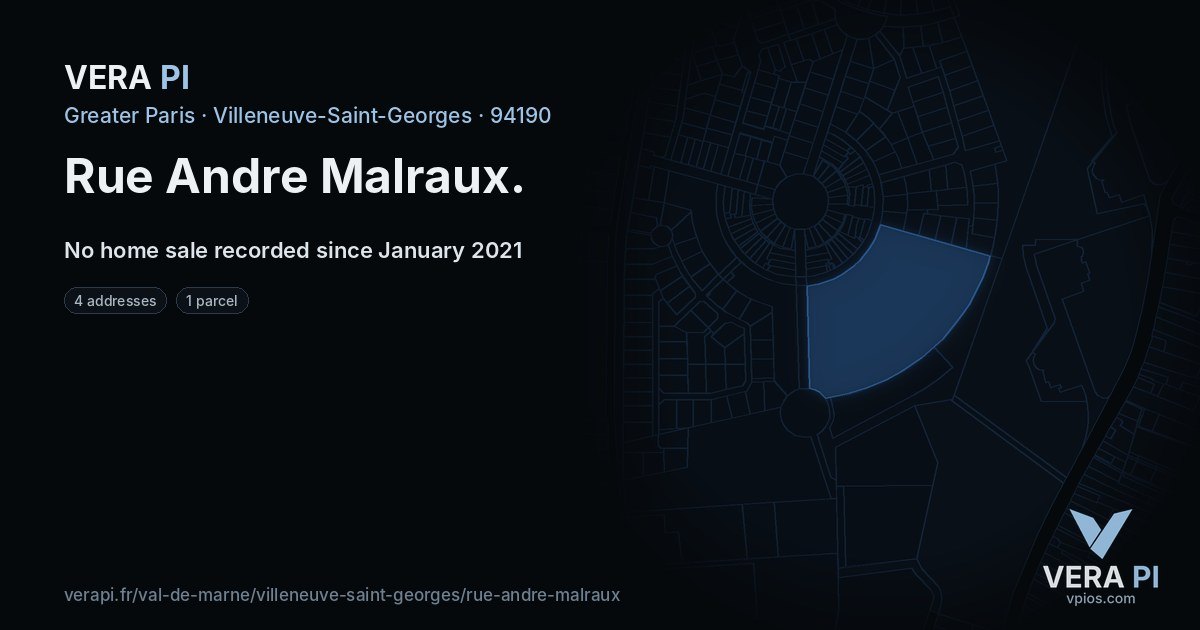 Rue Andre Malraux, Villeneuve-Saint-Georges at night – every parcel coloured by the prices around it, the street's own parcels lit