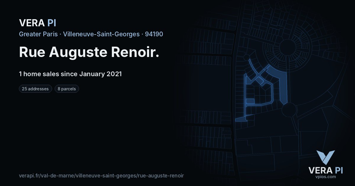 Rue Auguste Renoir, Villeneuve-Saint-Georges at night – every parcel coloured by the prices around it, the street's own parcels lit