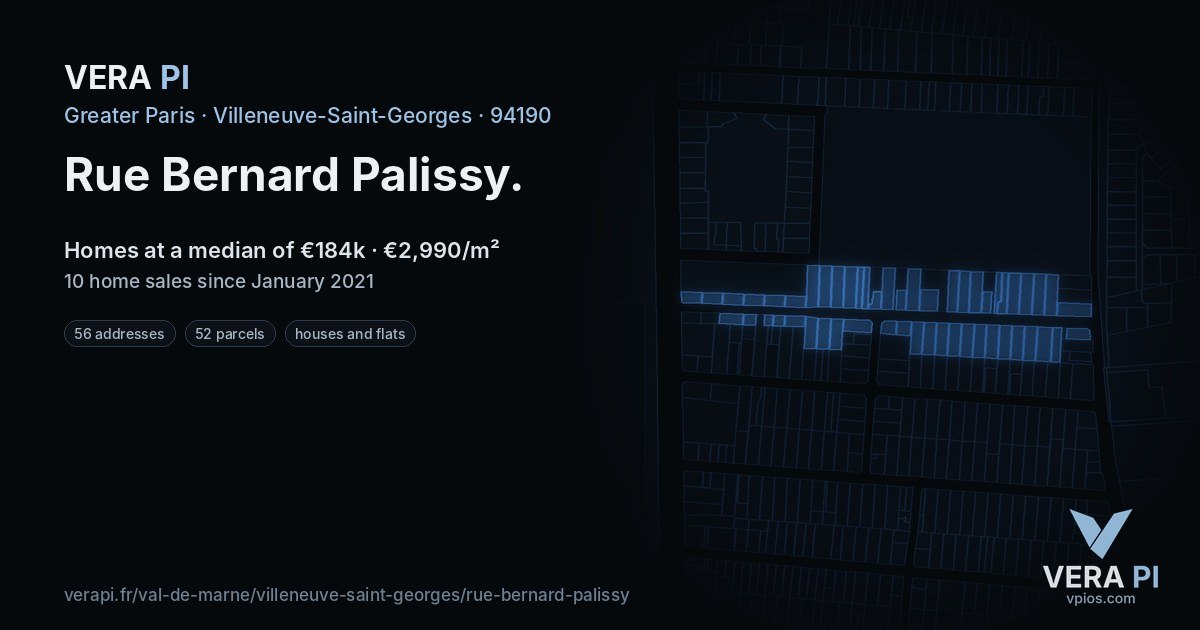 Rue Bernard Palissy, Villeneuve-Saint-Georges at night – every parcel coloured by the prices around it, the street's own parcels lit