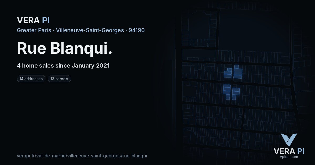 Rue Blanqui, Villeneuve-Saint-Georges at night – every parcel coloured by the prices around it, the street's own parcels lit