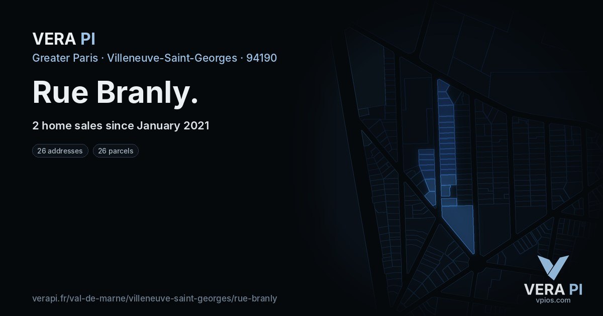 Rue Branly, Villeneuve-Saint-Georges at night – every parcel coloured by the prices around it, the street's own parcels lit